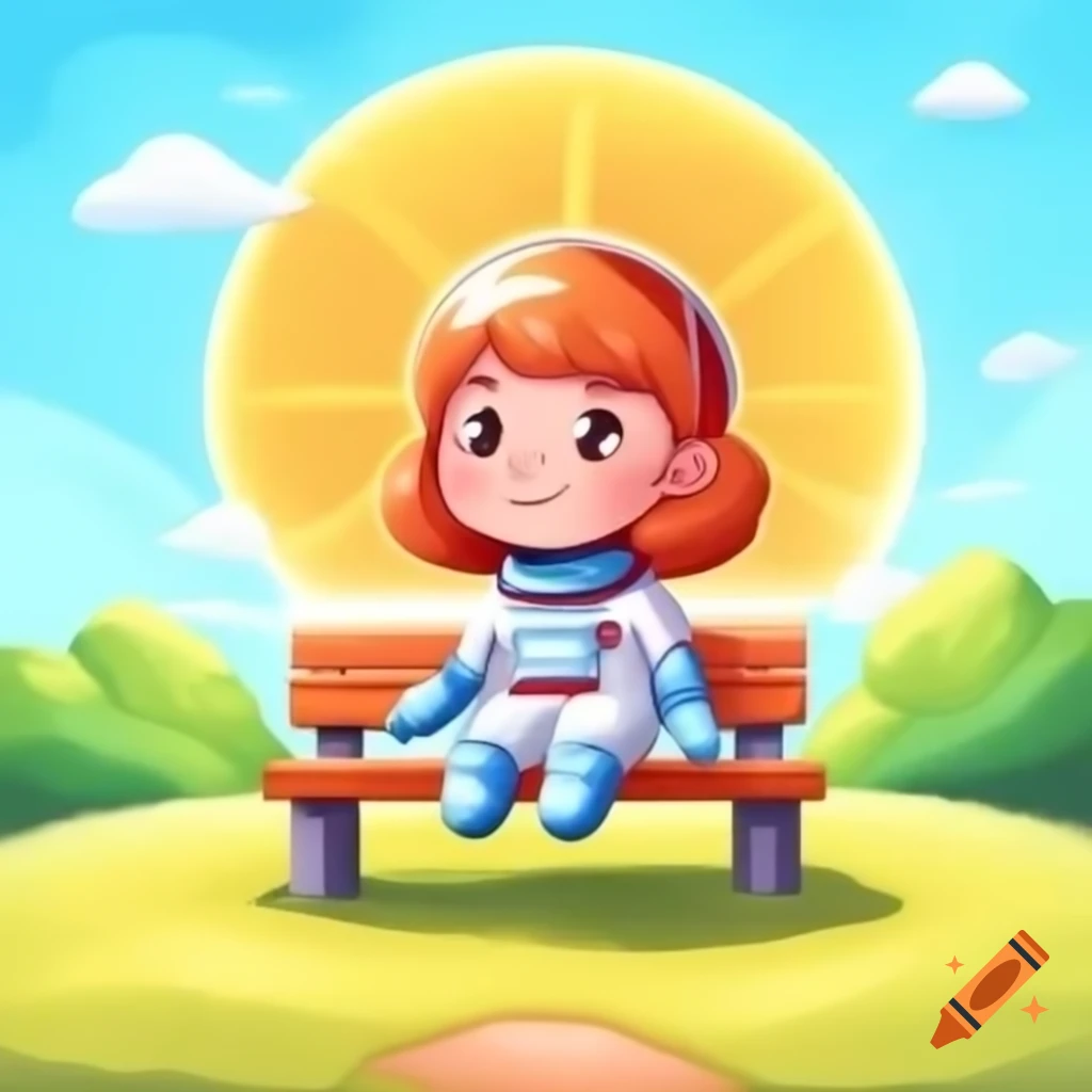 Girl astronaut sitting on a bench enjoying the sun