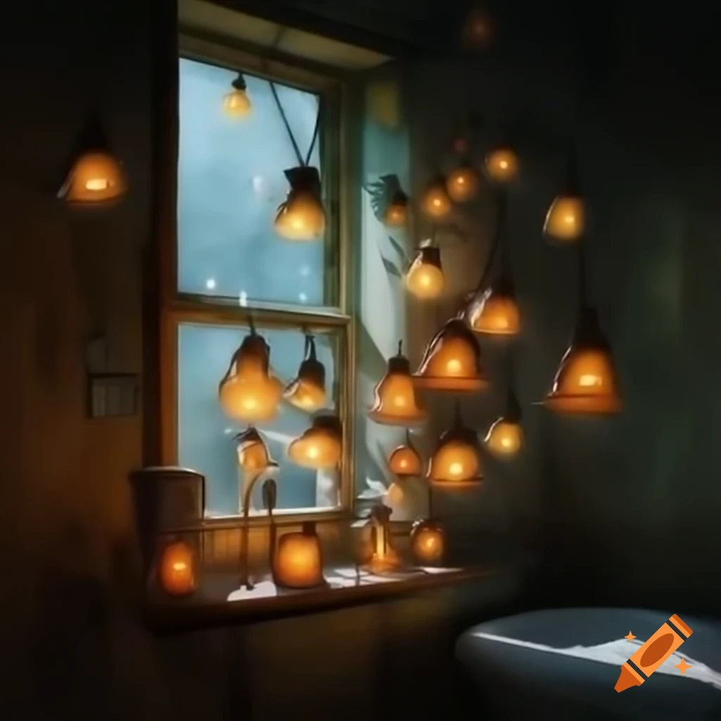 Cozy room with vintage lamps and pastel decor illuminated by rain