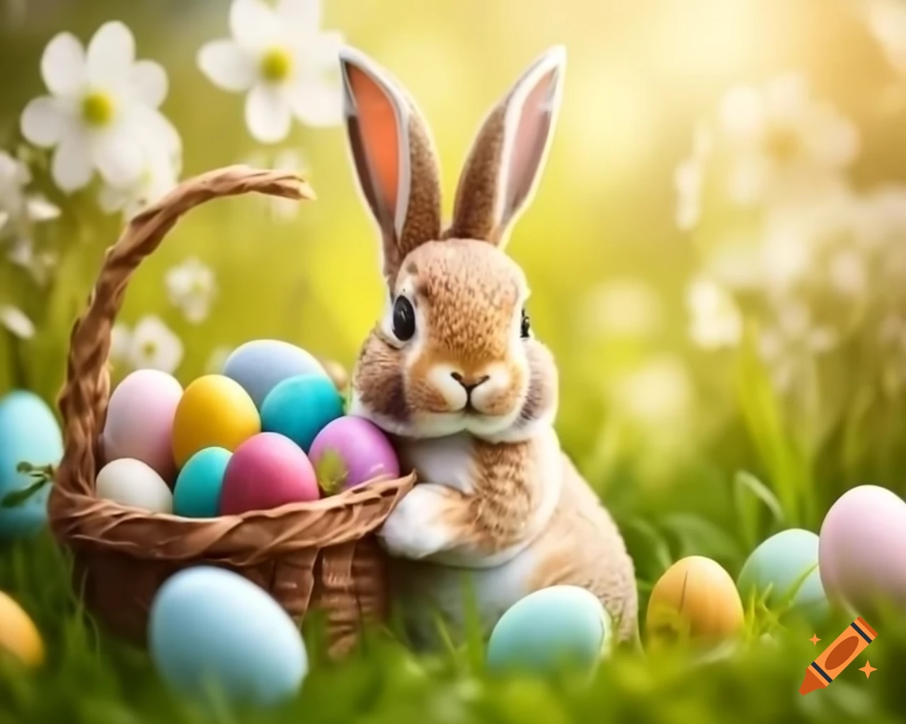 Easter Bunny holding colorful basket of painted eggs in sunny meadow ...