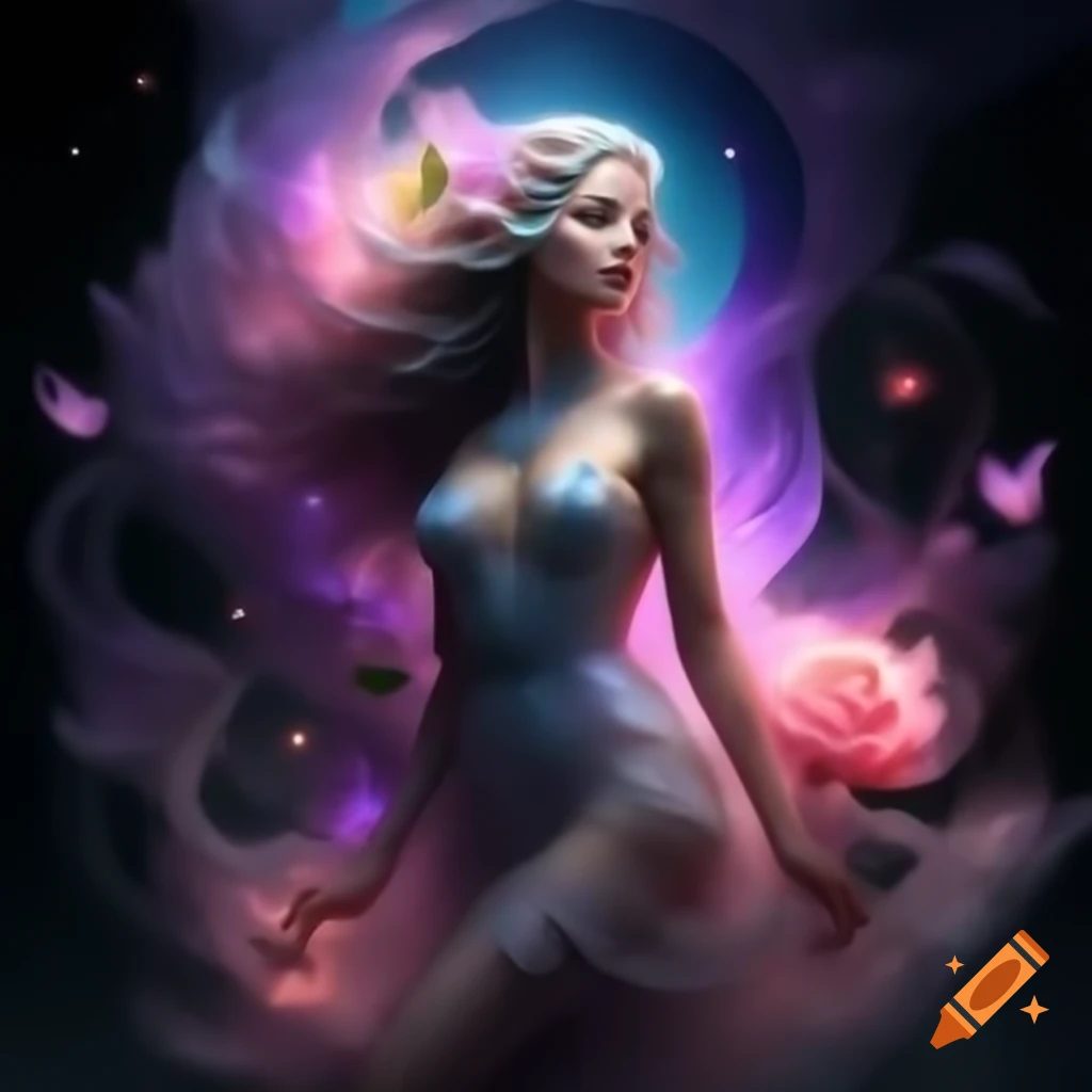 Cubism art featuring Celtic priestess Venus with vibrant colors and intricate silver lines