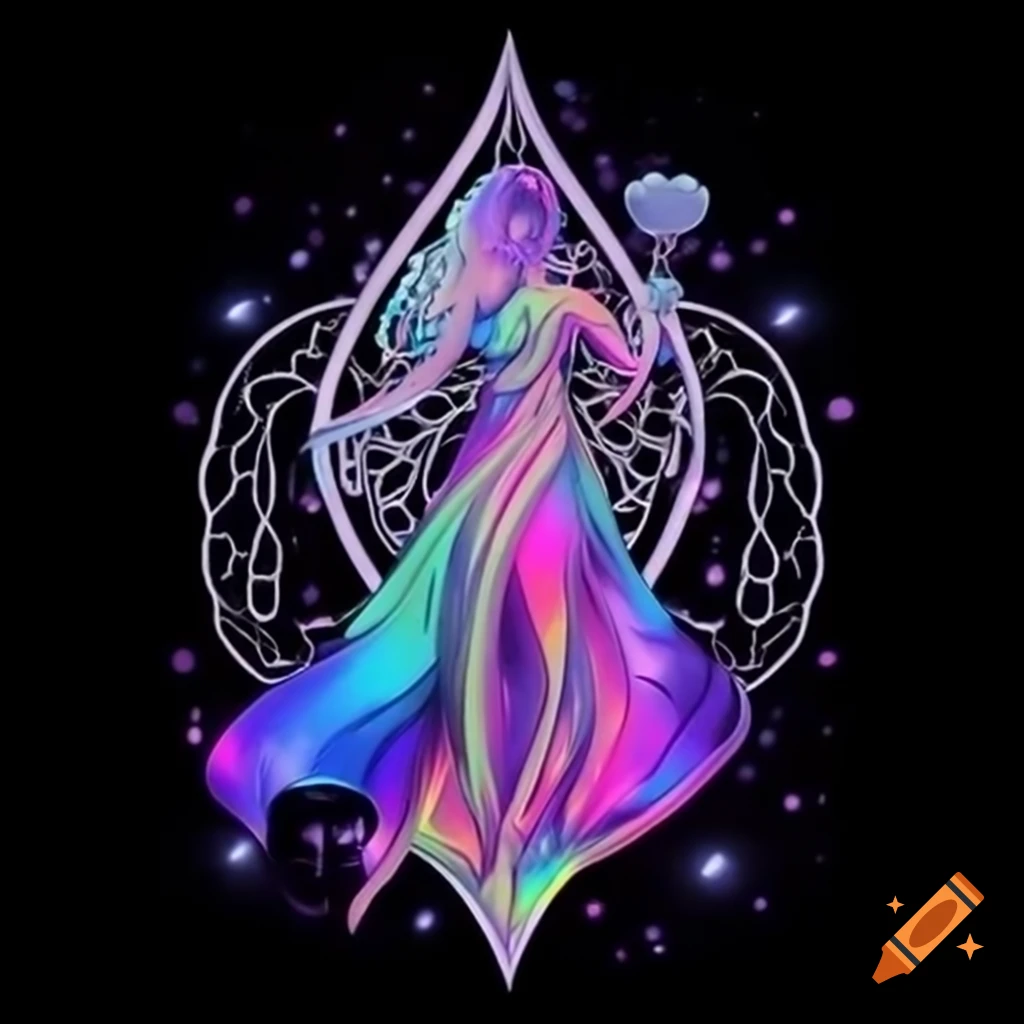 Cubism art featuring a Celtic priestess Venus with rose and pentagram in vibrant colors