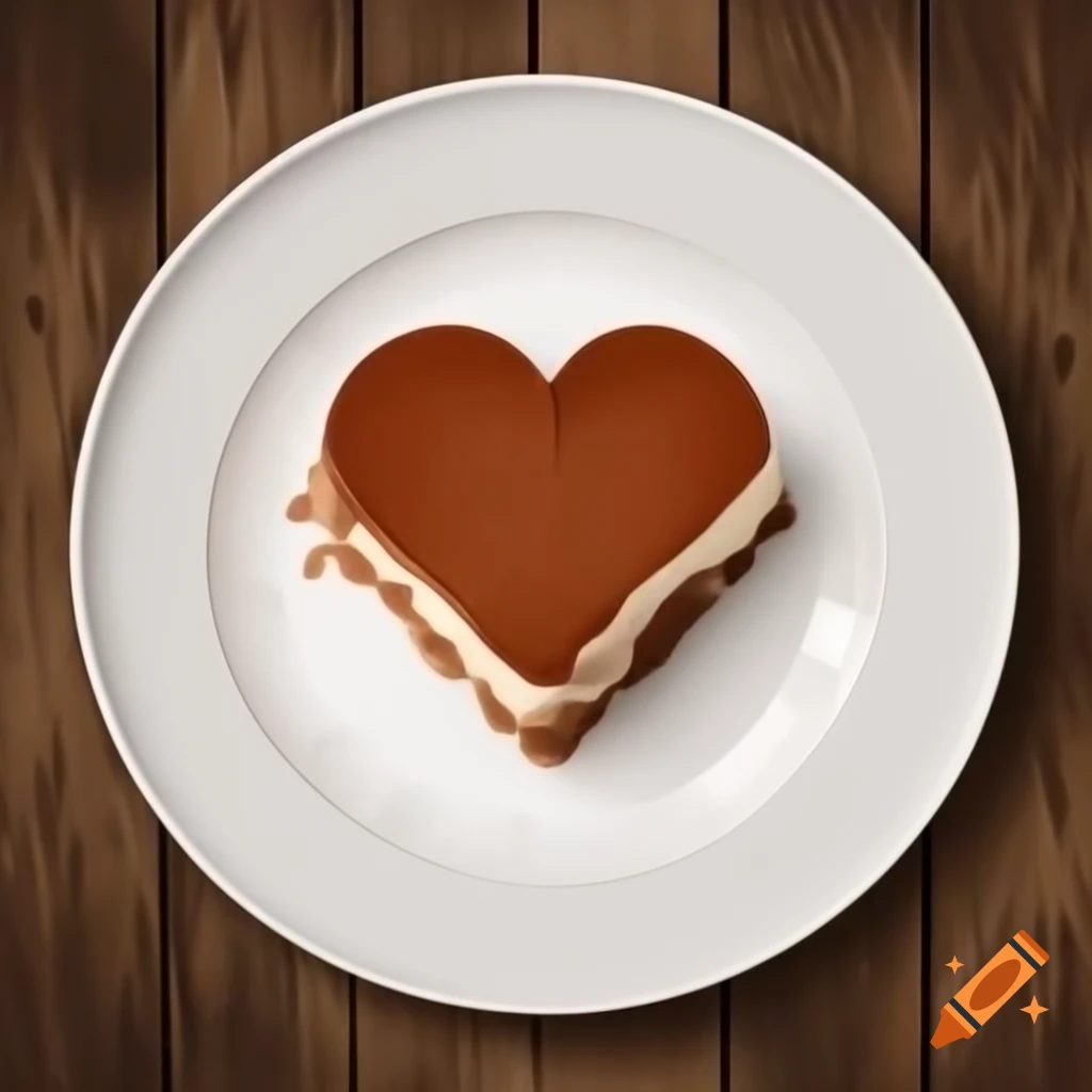 Heart-shaped tiramisu dusted with cocoa on white plate