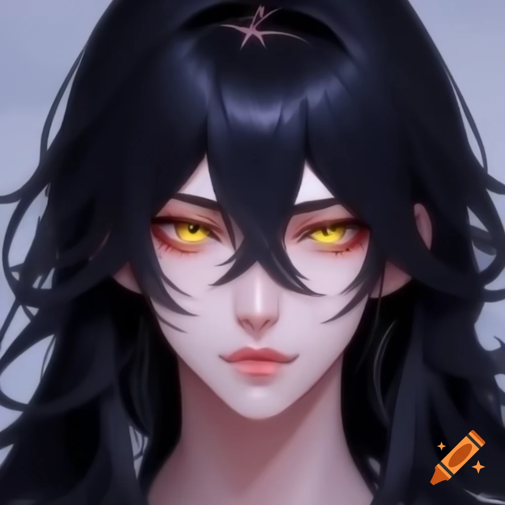 Anime-style character with long black hair and yellow eyes