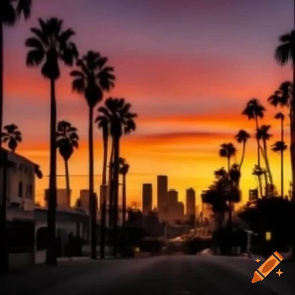 Photorealistic sunset over Los Angeles skyline