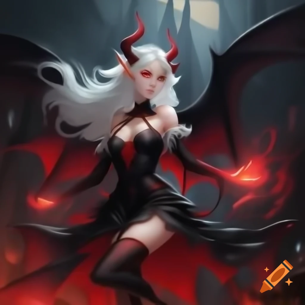 Anime vampire with white hair and black wings flying over shadowy cityscape