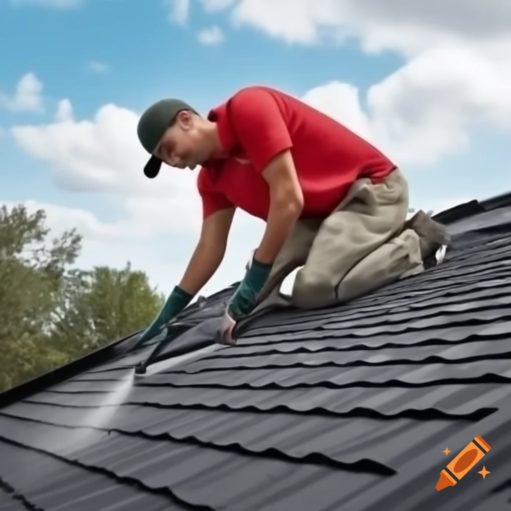 Man in red polo shirt applying spray on asphalt shingle roof