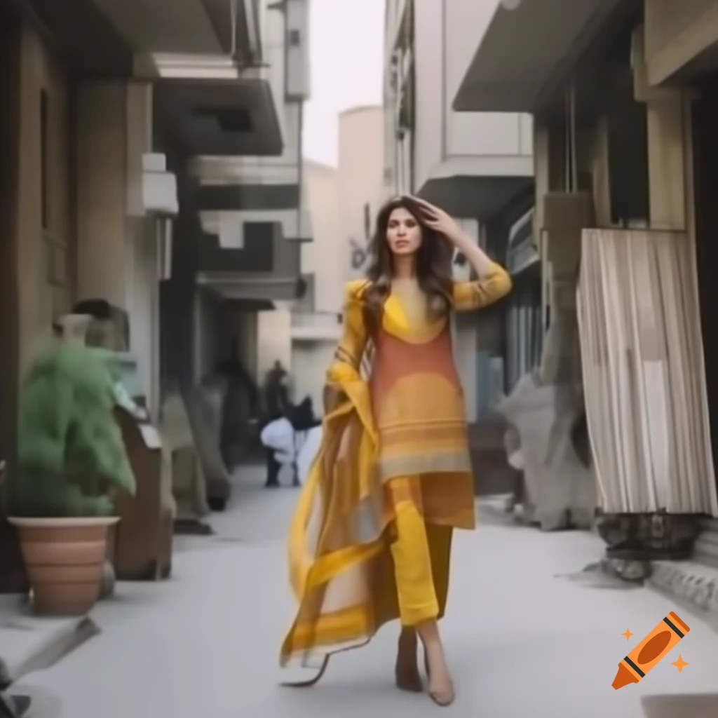 Beautiful woman in stylish shalwar kameez walking in the streets