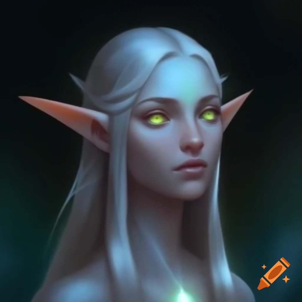 Serene high elf cleric with kind expression and ethereal glowing eyes
