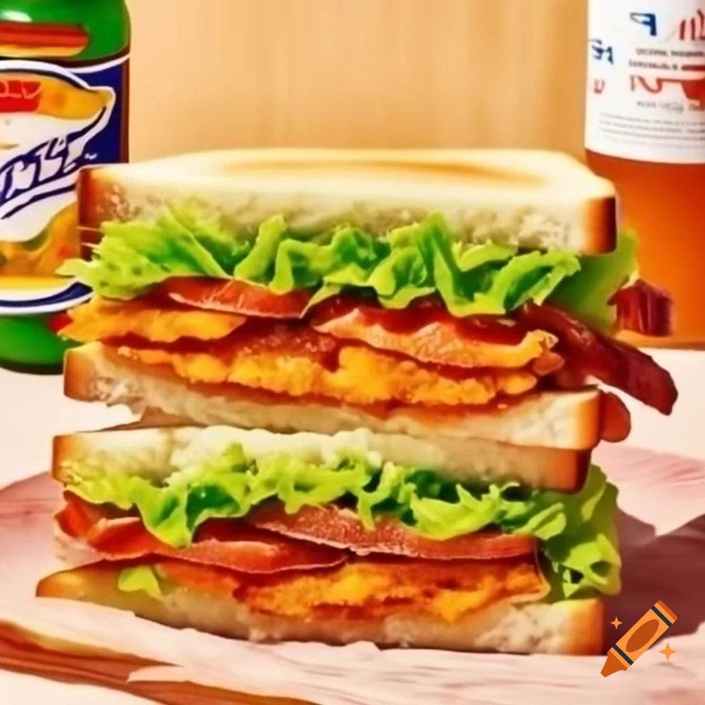 Delicious sandwich with bacon, sausages, cheese, and fresh vegetables