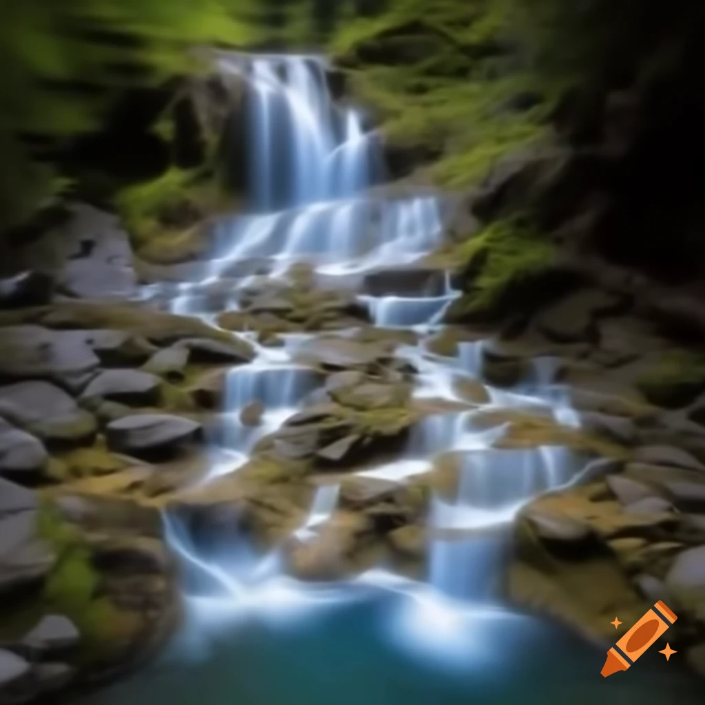 Mountain spring cascading down rocks with Da Vinci's sfumato technique