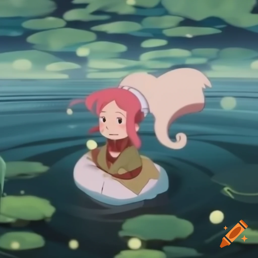 Illustration for the fairy tale featuring a crimson-haired girl with shimmering gold light floating on a river