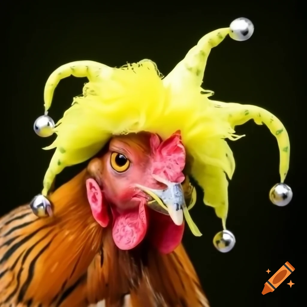 Cheerful chicken in yellow harlequin hat announcing presence on Craiyon