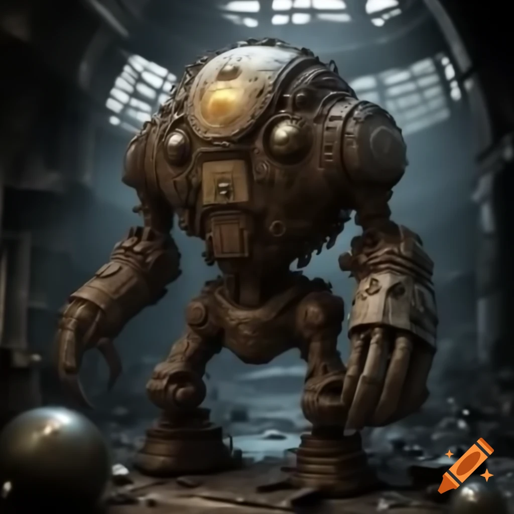 Steampunk-style golem made of gears in ruined laboratory on Craiyon