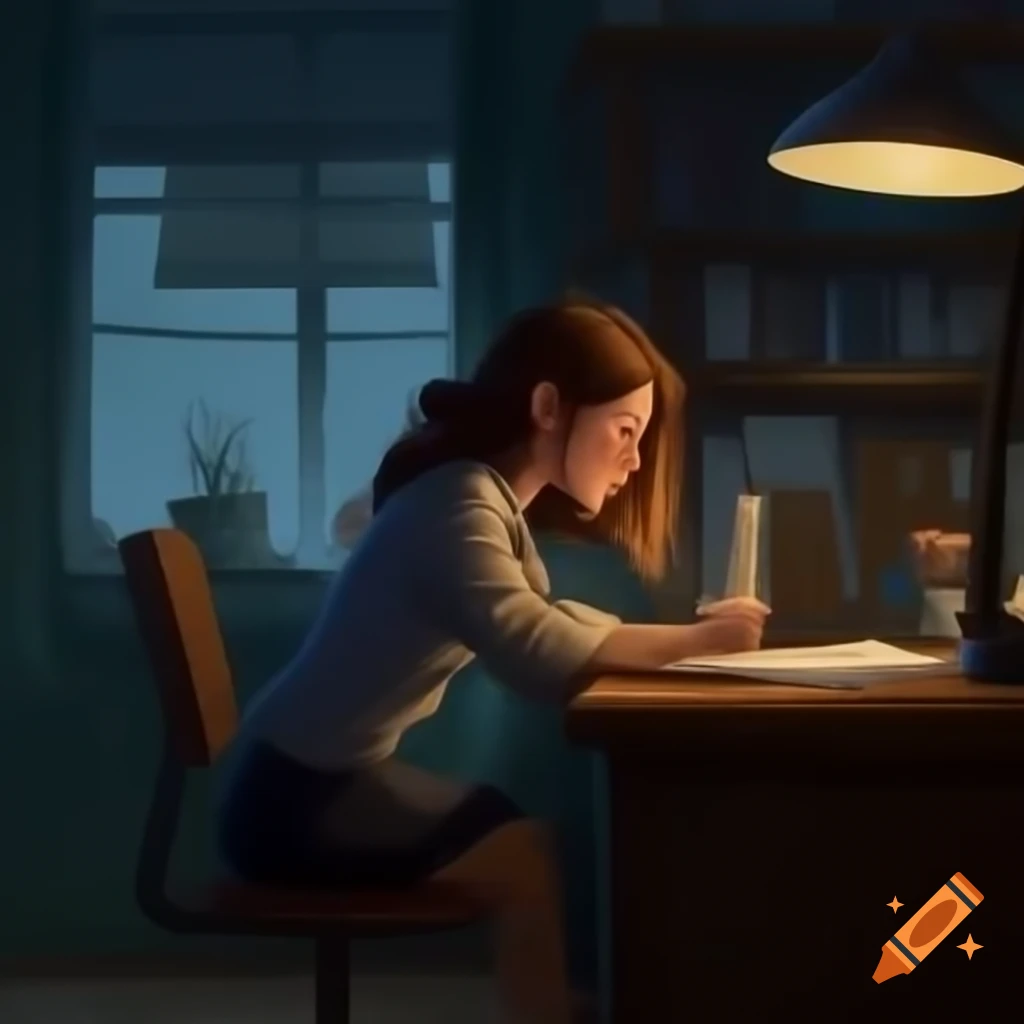 Young woman studying in cozy home office with books and coffee