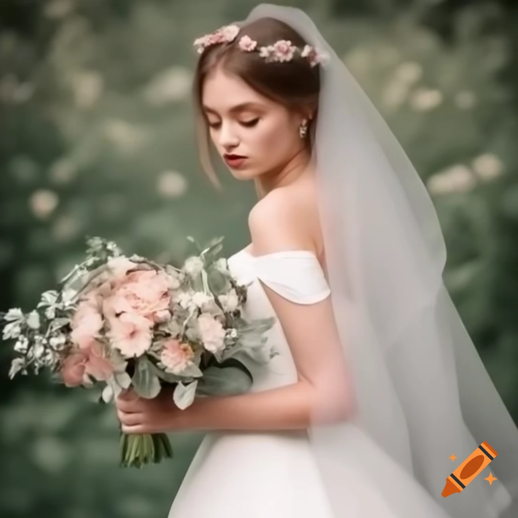 Beautiful young bride holding bouquet of flowers