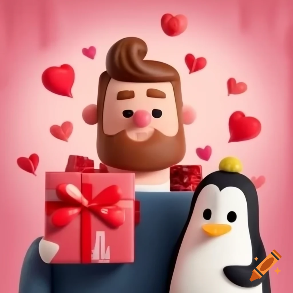 Card featuring male giving Valentines gift with hearts and penguins