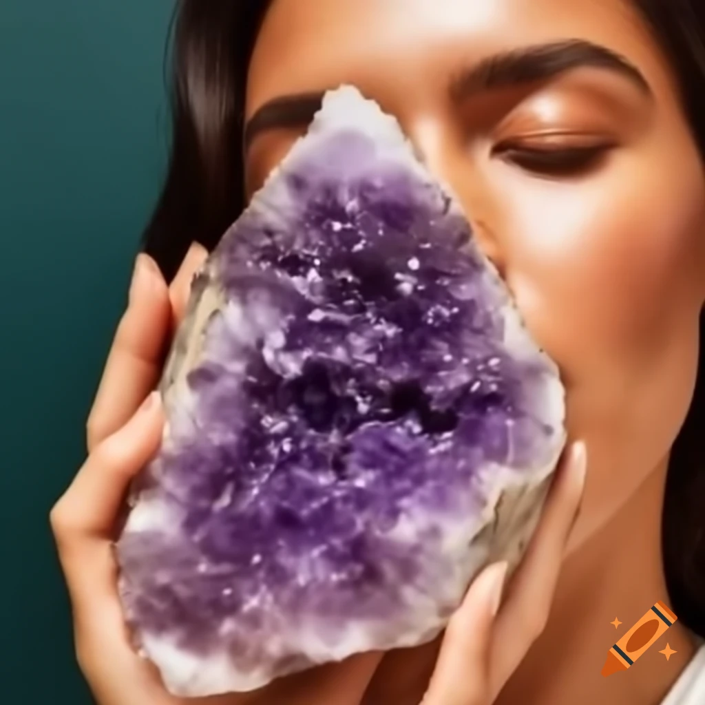 Woman holding small amethyst cluster near her face
