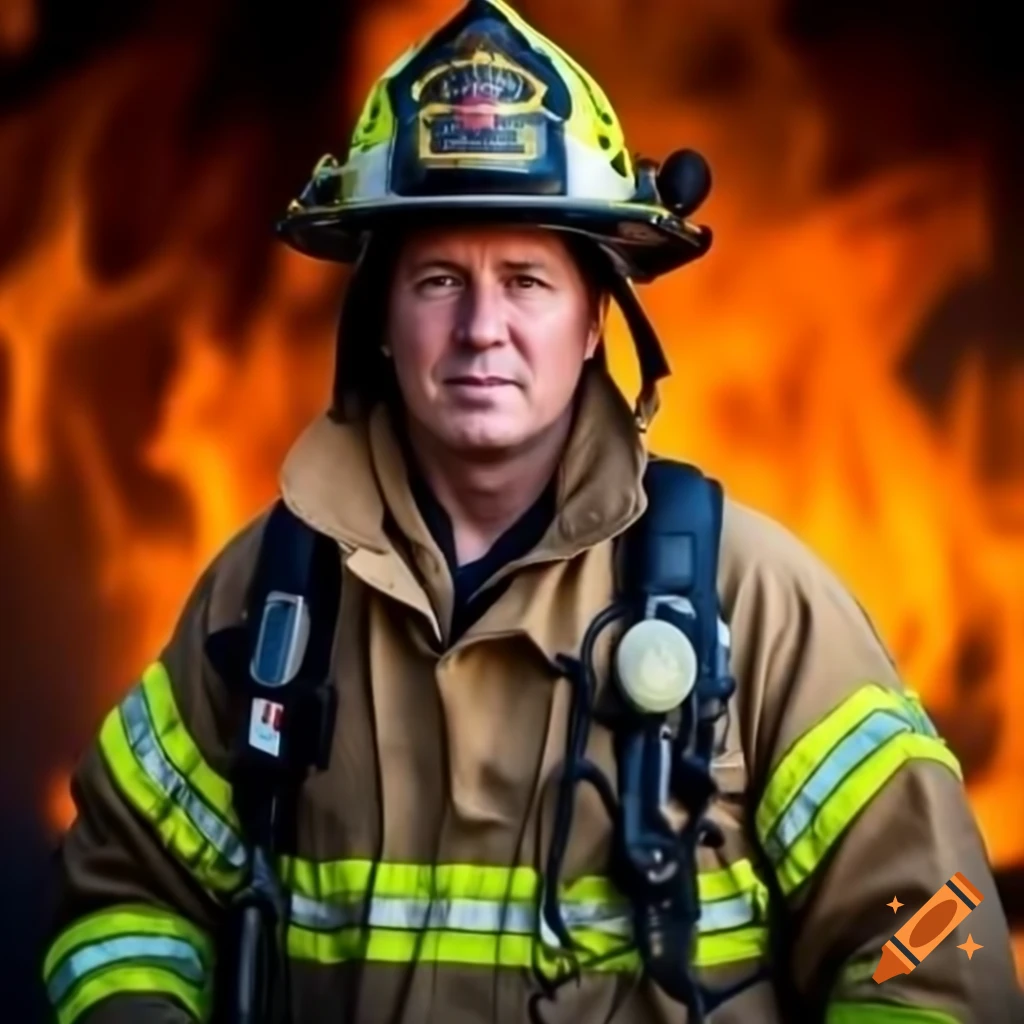 Firefighter in action, wearing uniform and protective gear