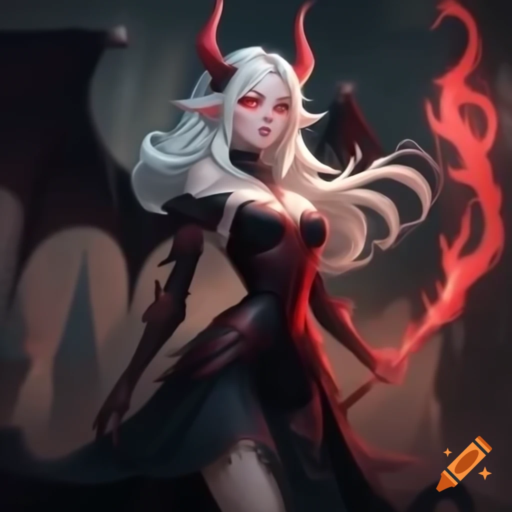 Anime vampire with white hair and black wings flying over shadowy cityscape
