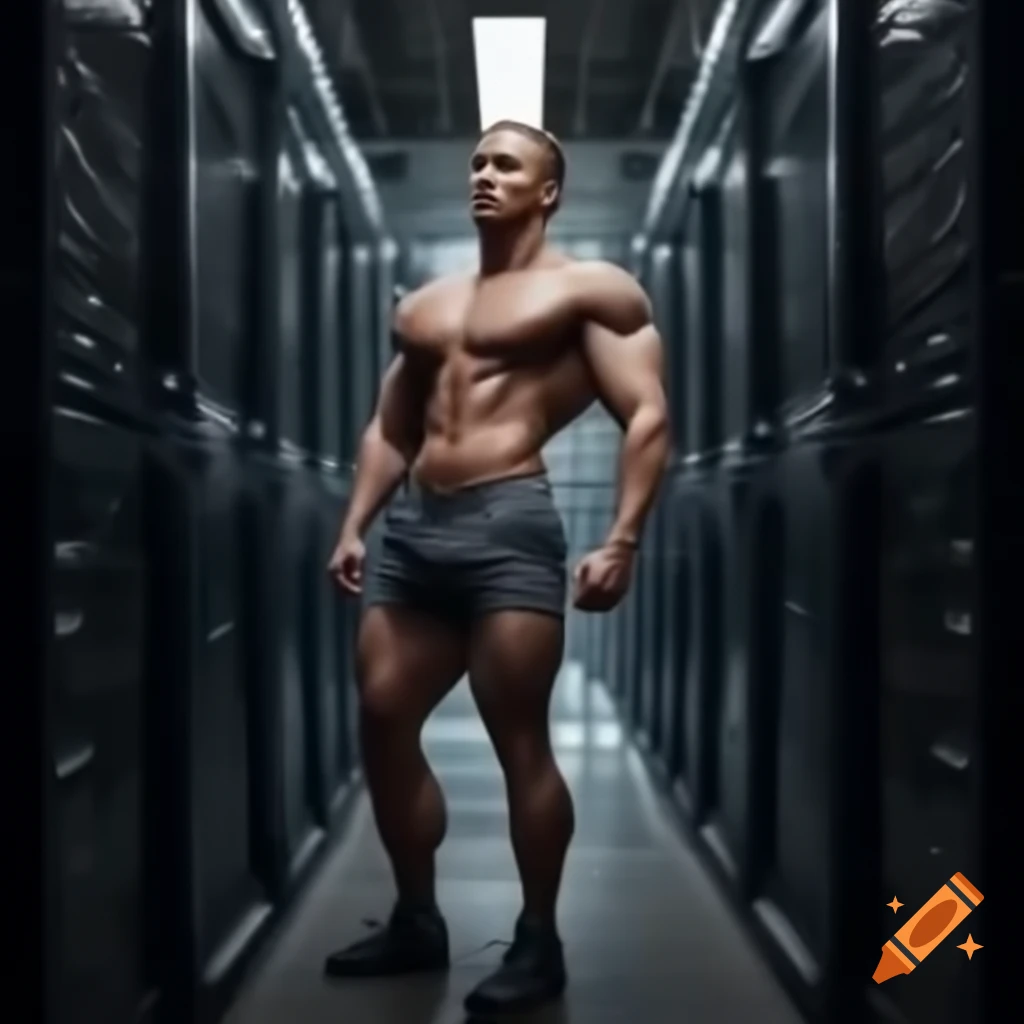 Muscular IT professional working on a server