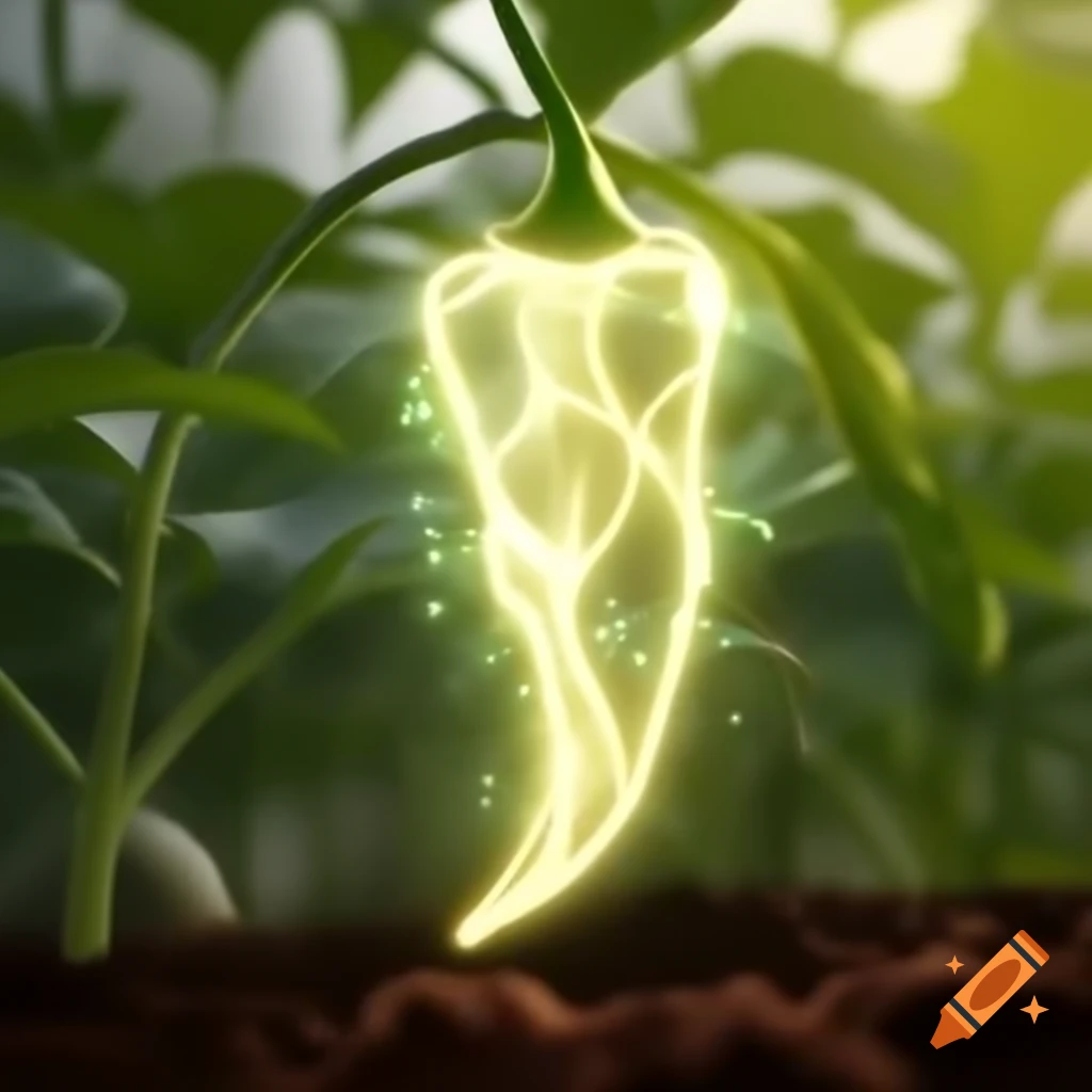 Mystical glowing white chili pepper made of spectral energy floating in vegetable garden