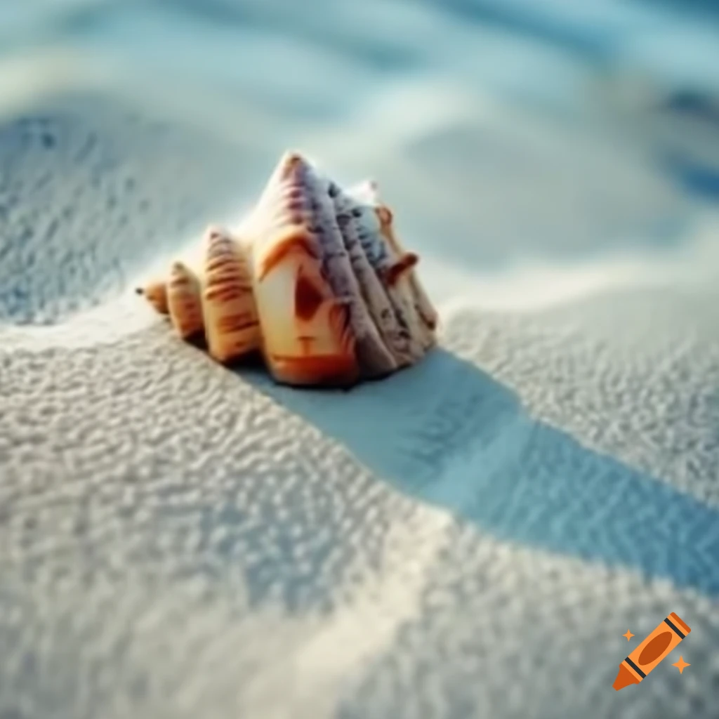 Close-up of sea-worn shell with sand grains on Craiyon