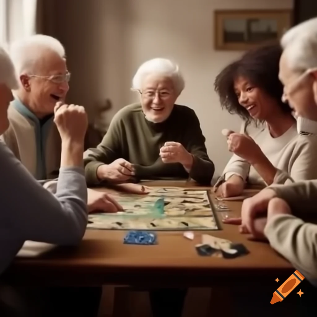 Older adults enjoying board games and card games together