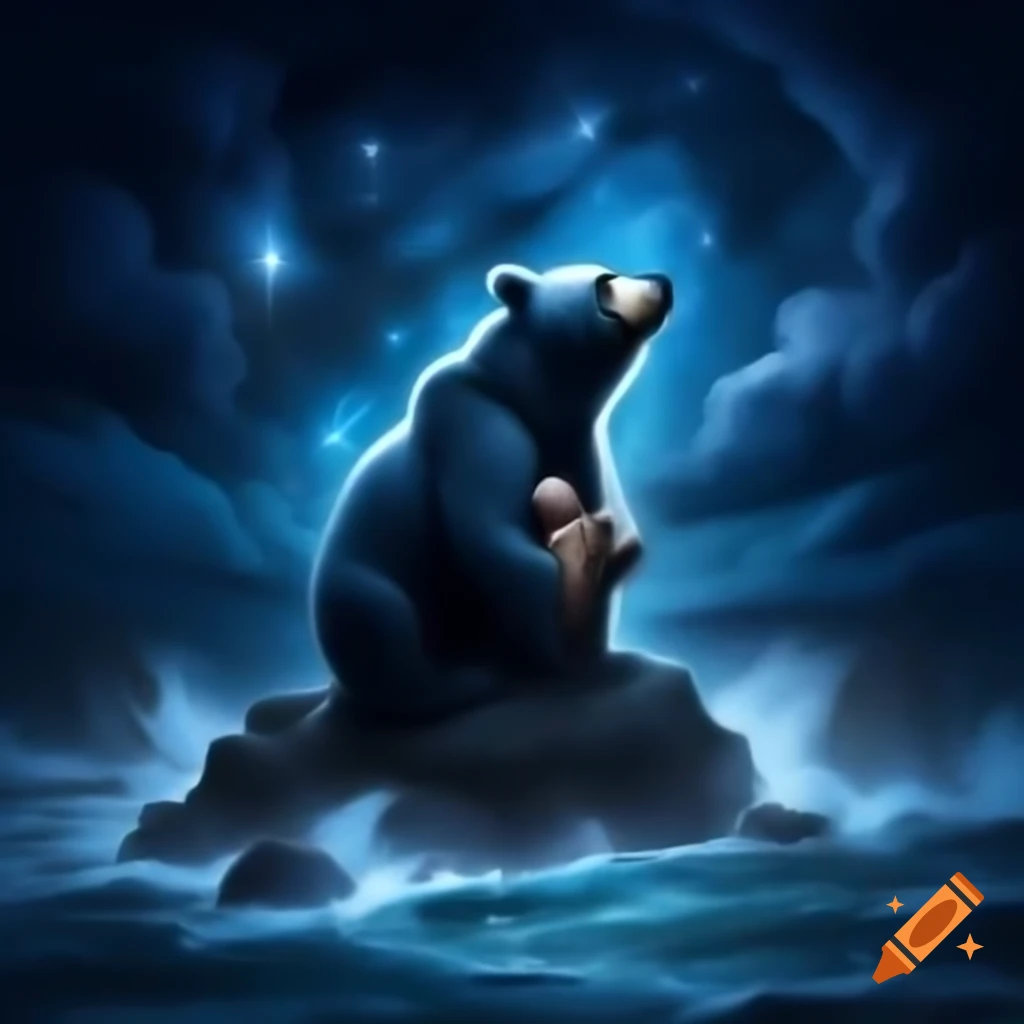 Maternal bear cradling cub under starry sky with coastal rocks
