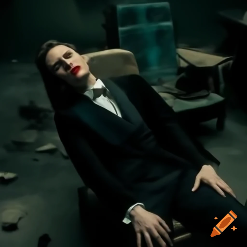 Unsettleing Setting Man in black suit with unsettling smile and red lipstick in dark ...