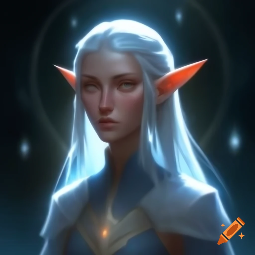 Serene high elf cleric with kind expression and glowing eyes on Craiyon