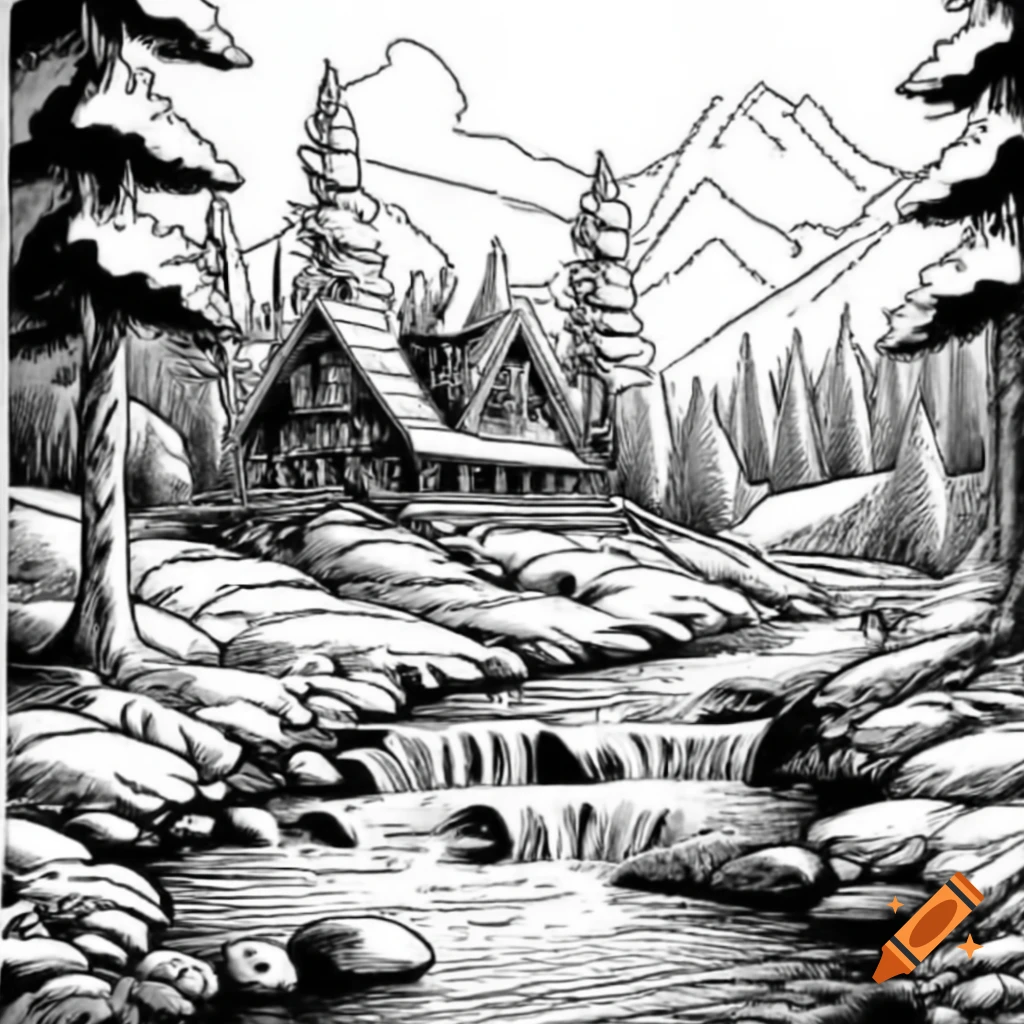 Cabin in the woods with stream and lake, coloring page for intermediate ...