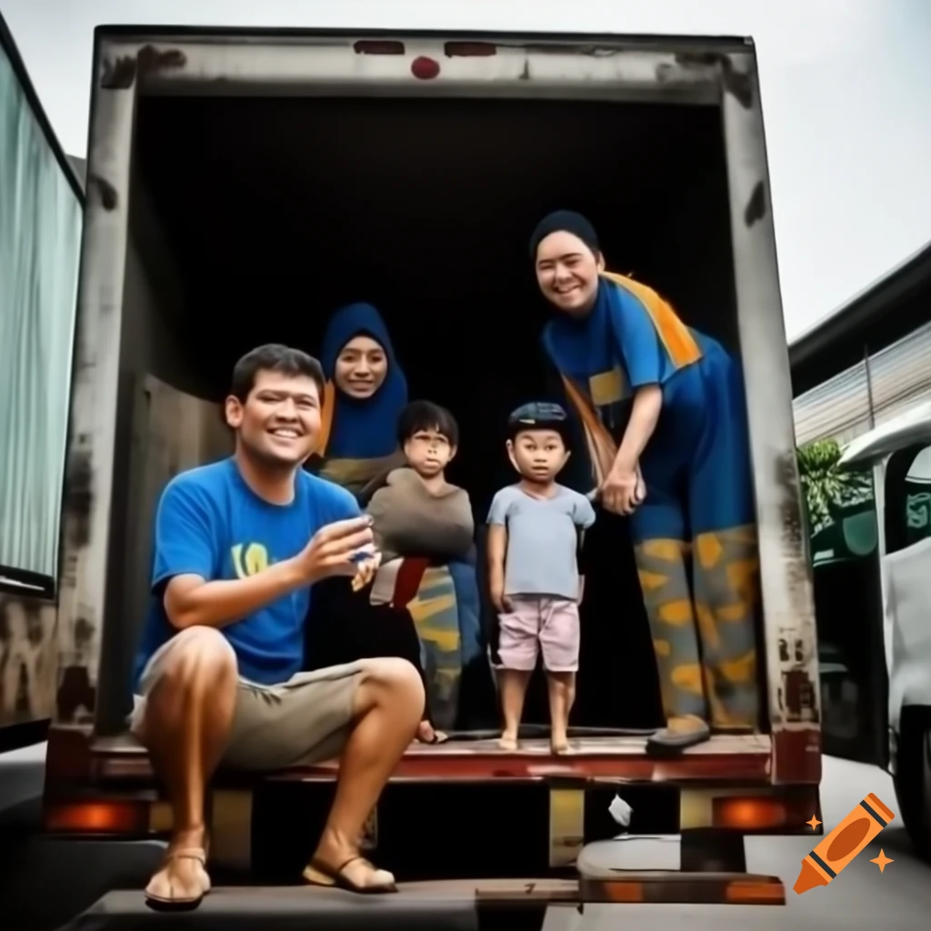 Malaysian movers in blue shirts loading items into lorry with happy family nearby