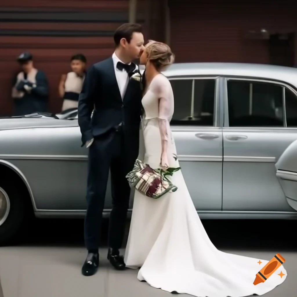 Bride and groom posing in front of car in New York City