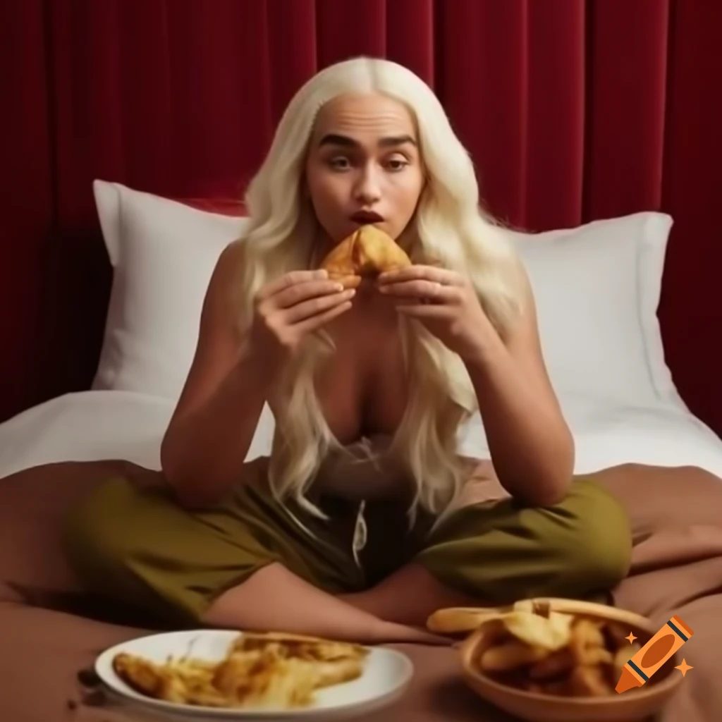 Daenerys Targaryen enjoying a sausage with mustard, expressing delight