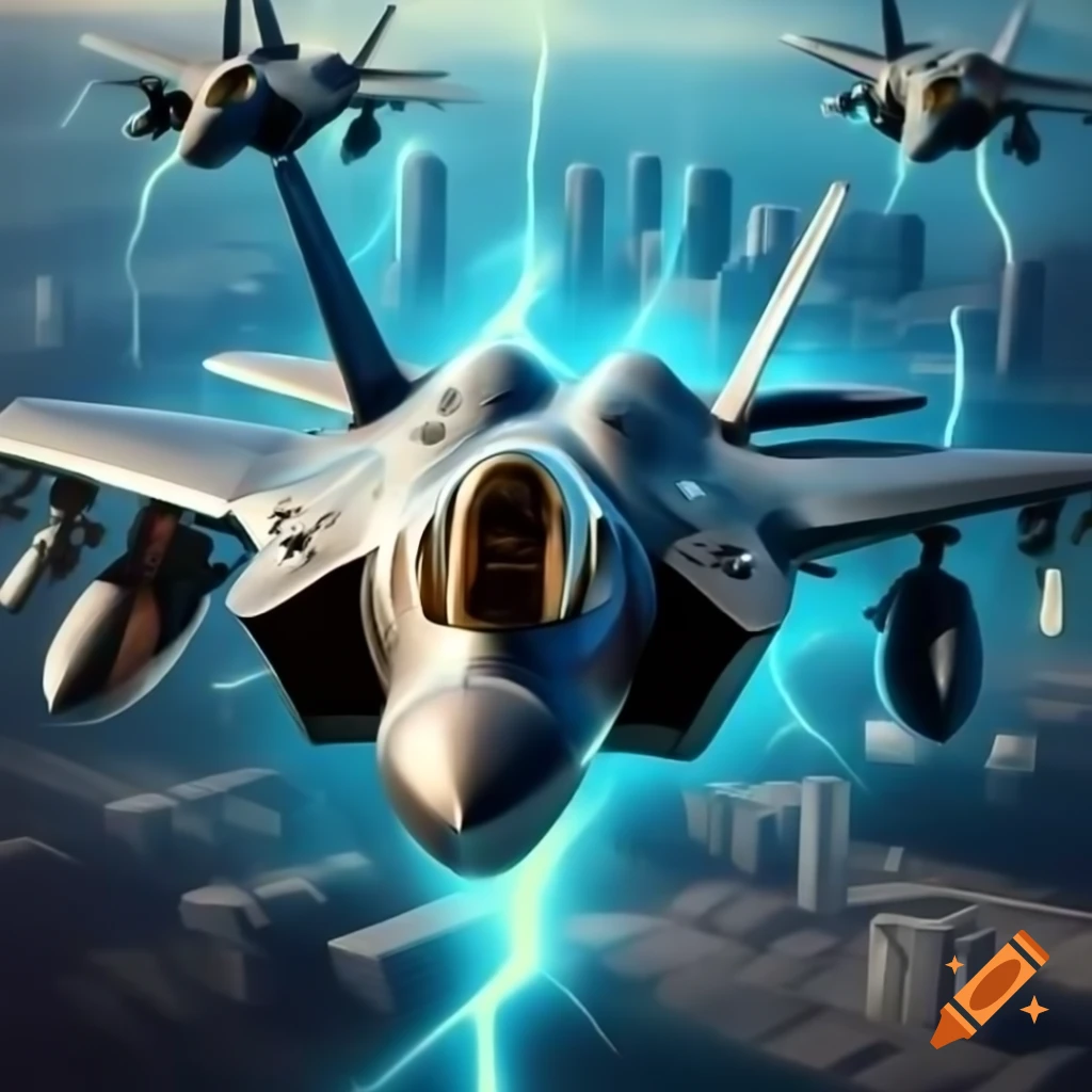 F-35 Lightning IIs climbing against azure sky and cityscape backdrop