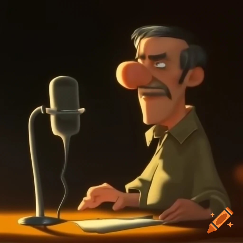 90s cartoon character behind old microphone with backlighting and face shadow