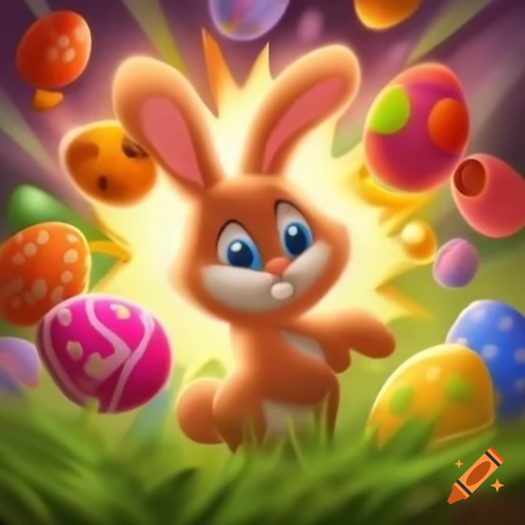 Mischievous bunny at chaotic Easter celebration with colorful eggs