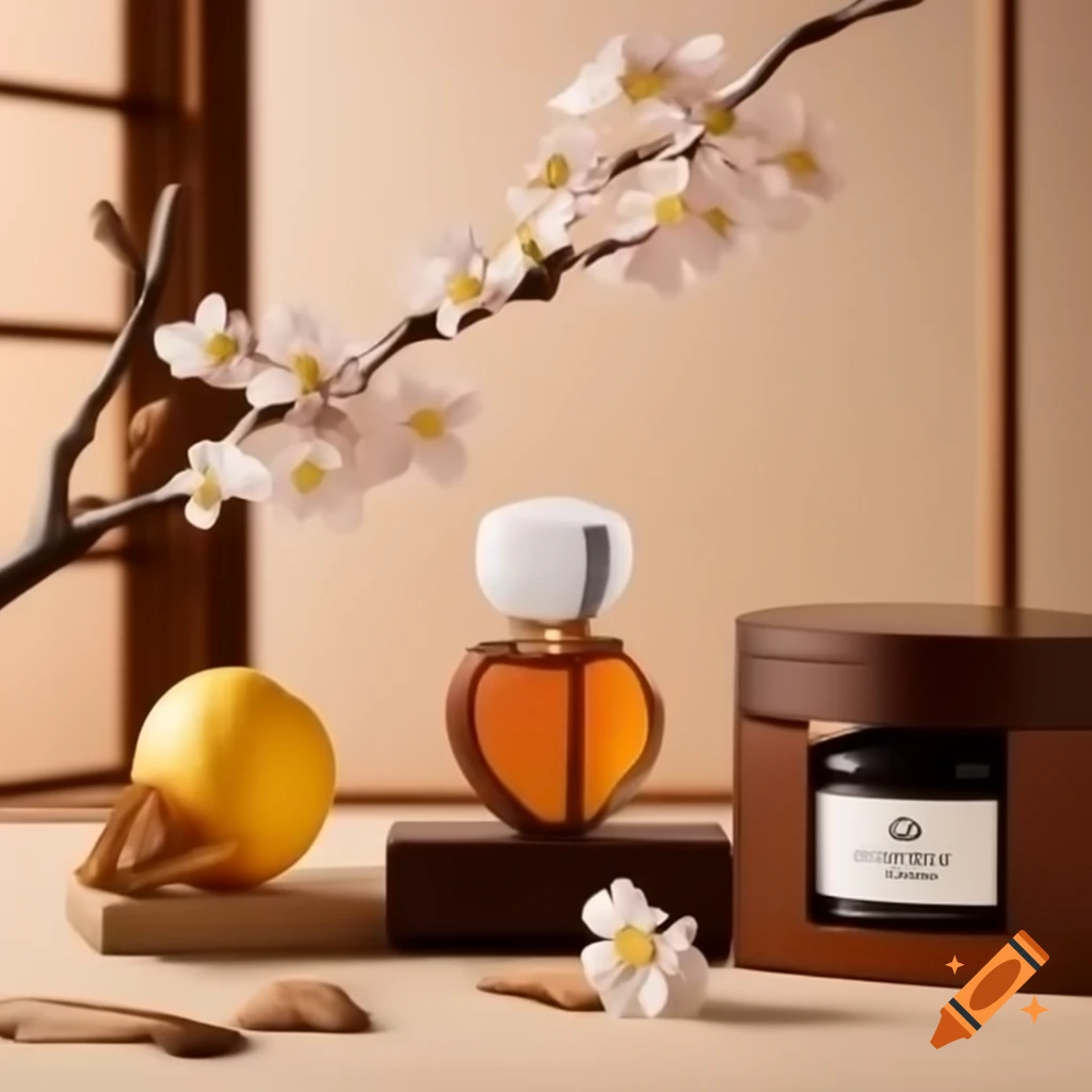Serene Japanese garden with fragrant notes of yuzu and cherry blossoms