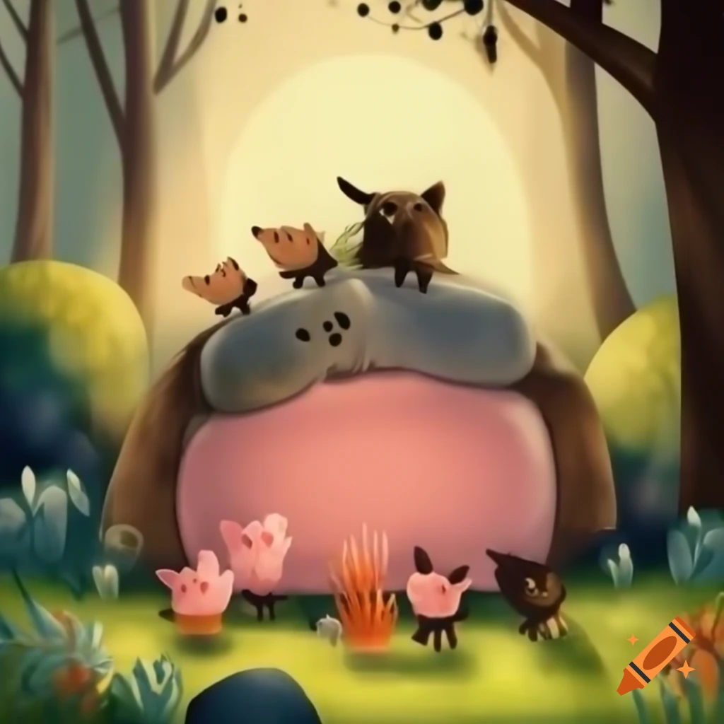 Big bad wolf confronting three little pigs in a storybook scene