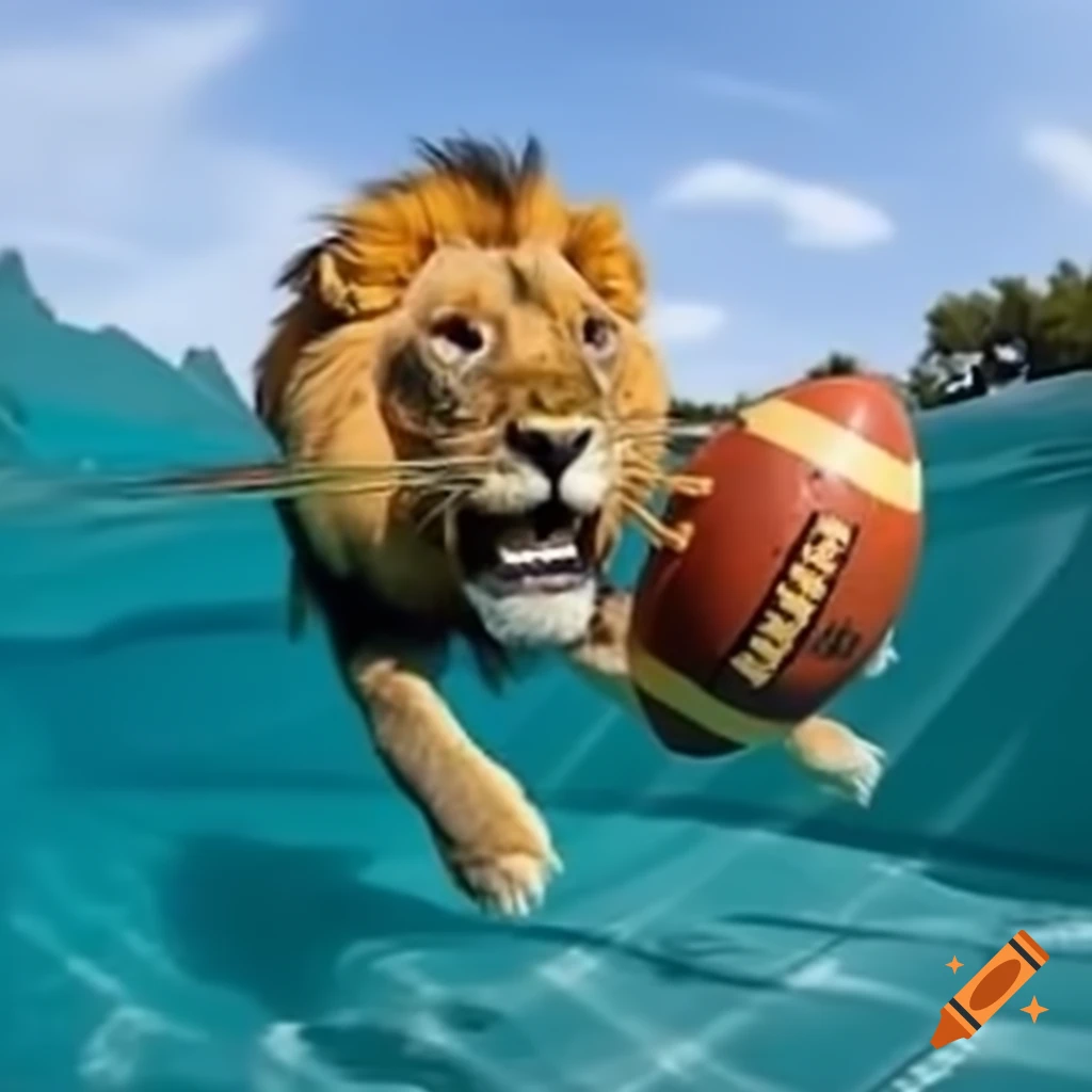 Lion playing football in swimming pool