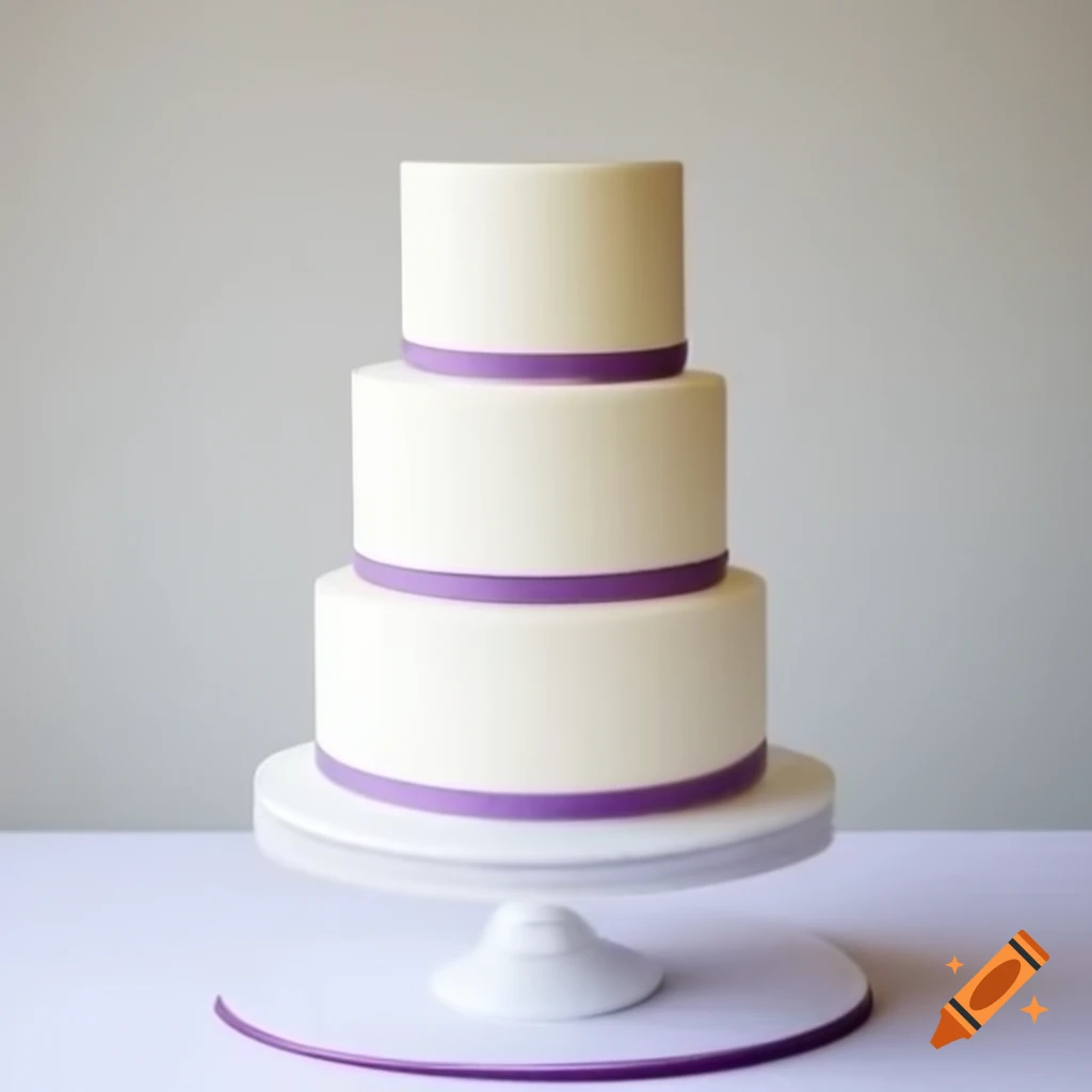 Four layer white wedding cake with purple accents