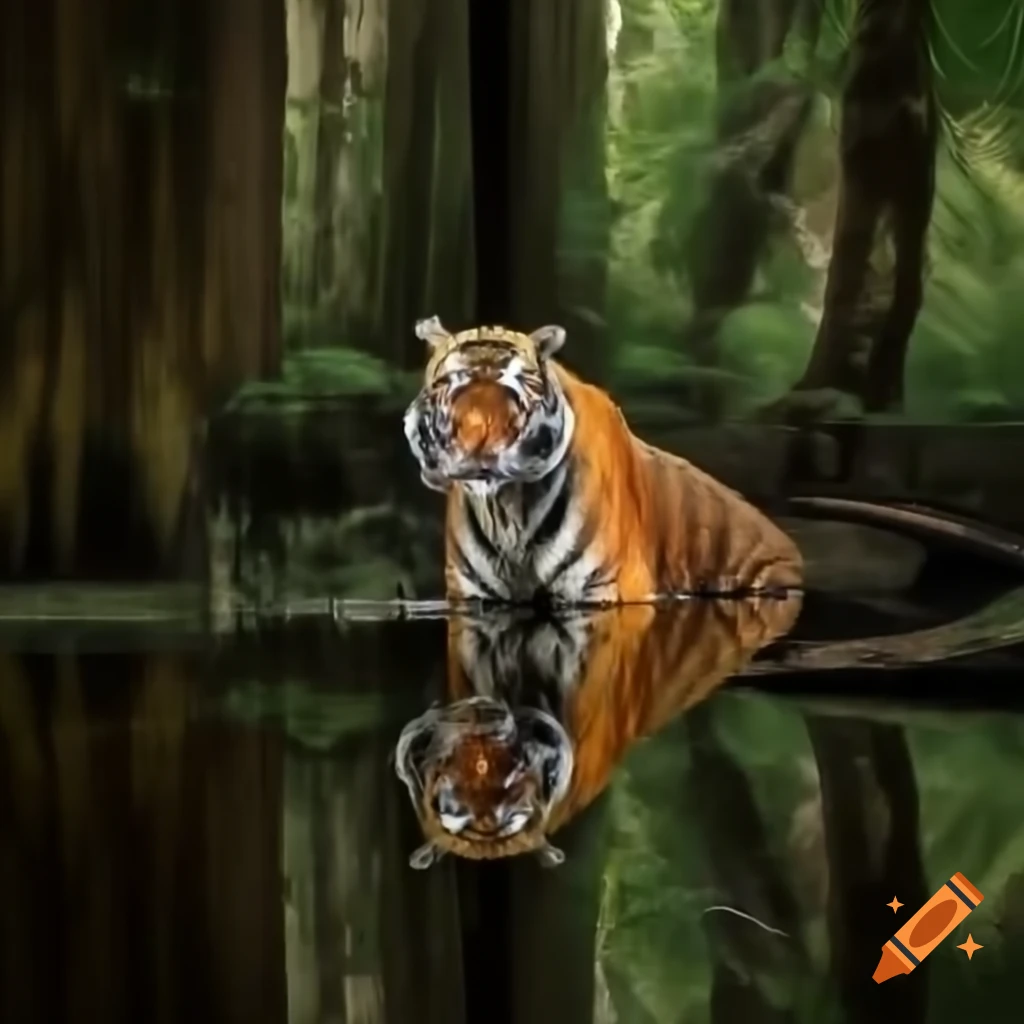 Tiger in a dense forest near a pond