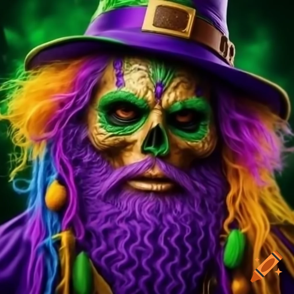 Voodoo wizard in vibrant Mardi Gras colors inspired by New Orleans