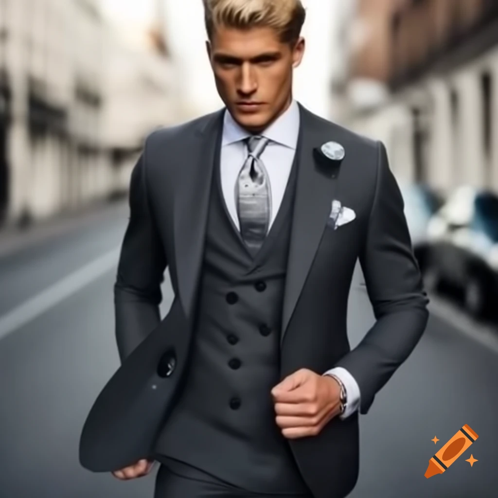 Gentleman in tailored charcoal suit with blond combover hairstyle