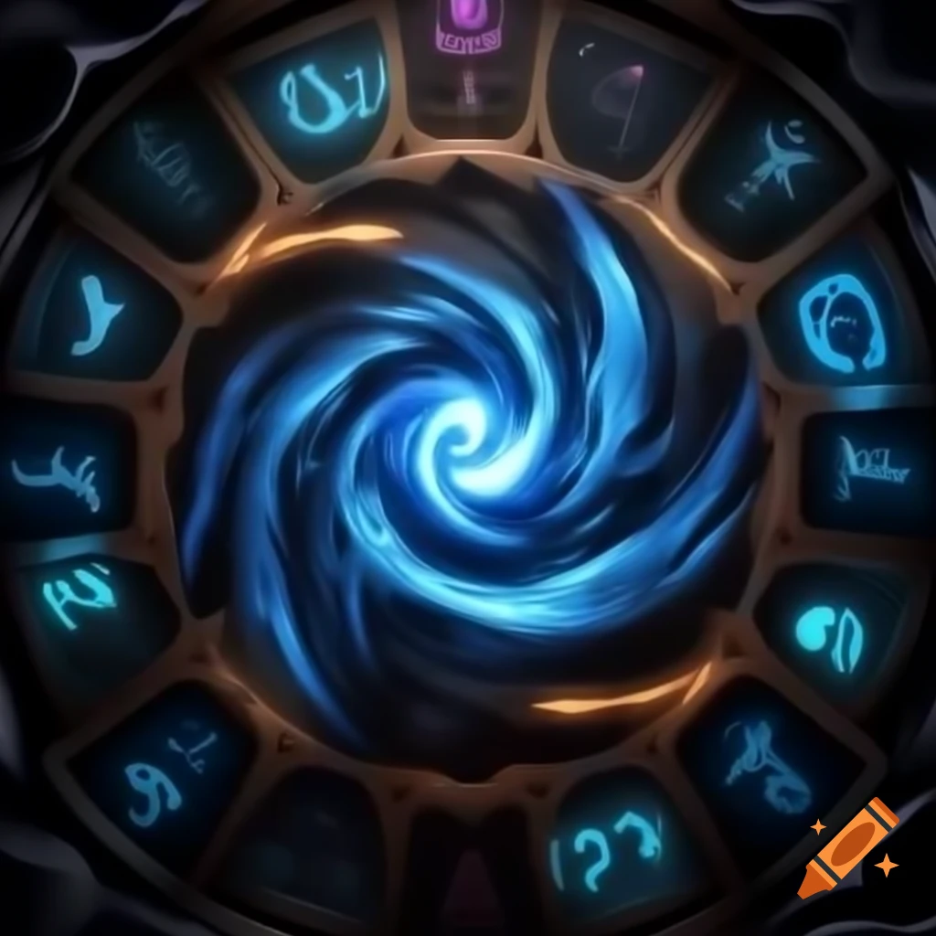 Swirling vortex of arcane energy beneath obsidian panel with glowing glyphs