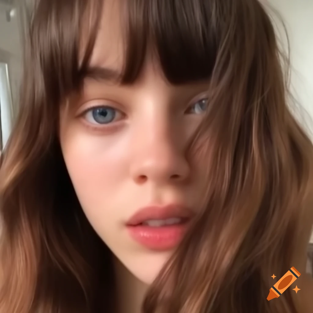 Young woman with dark amber brown hair and blue eyes taking a selfie
