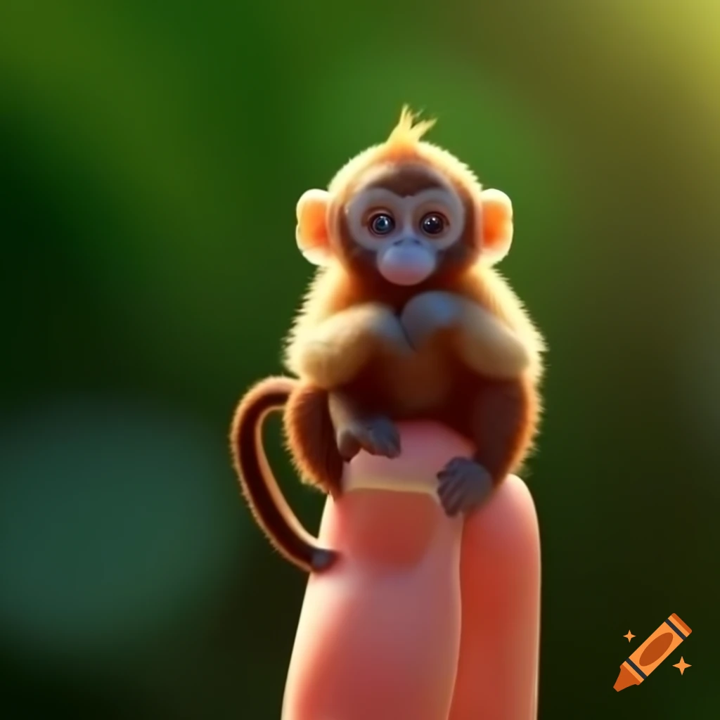 Adorable tiny monkey hanging from human finger with expressive eyes and playful look