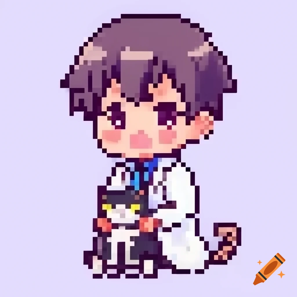 Cute anime doctor boy with a cat on his head in pixel art style on Craiyon