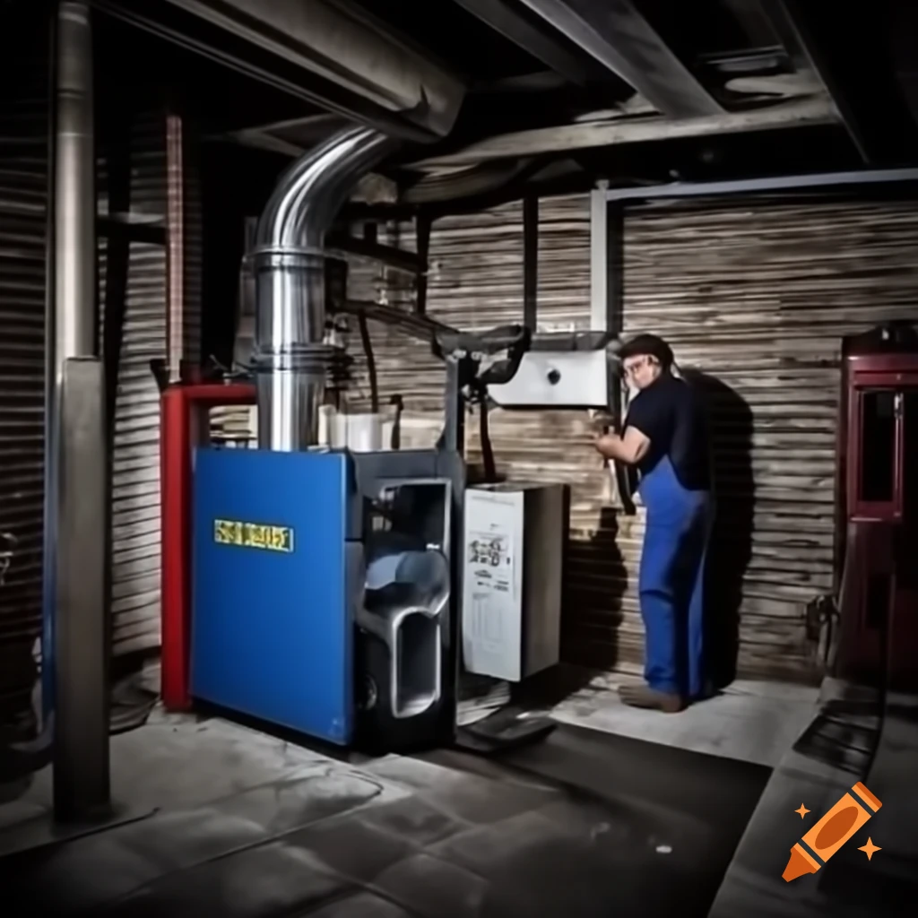 Technician repairing gas furnace in basement
