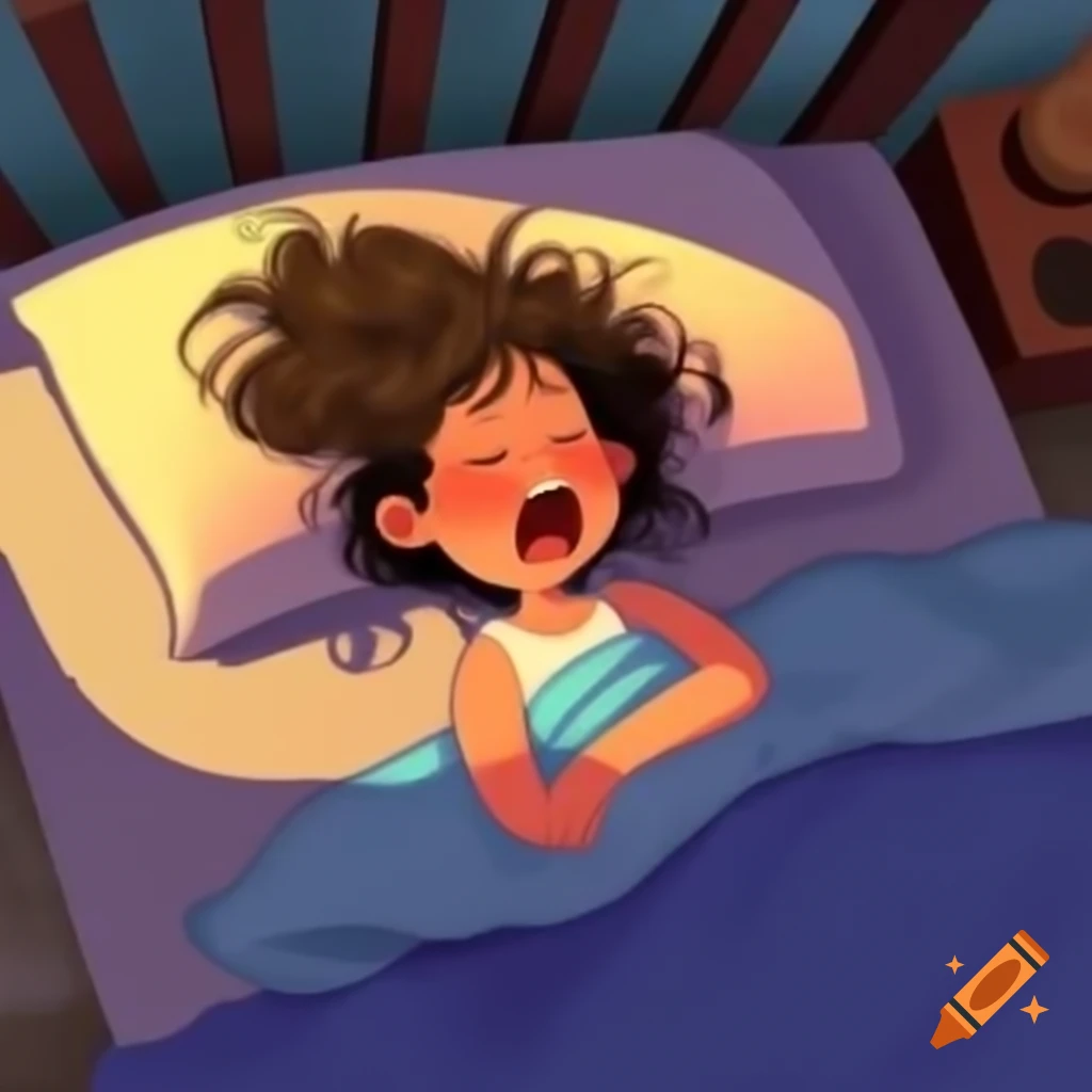 Girl waking up in bed with messy hair and sunlight, yawning with arm raised